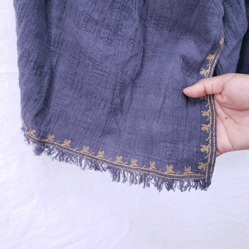 Wrap Designed in London Blue Gray Linen Blend Embroidery Wrap Mid Dress 8 - Picture 12 of 16